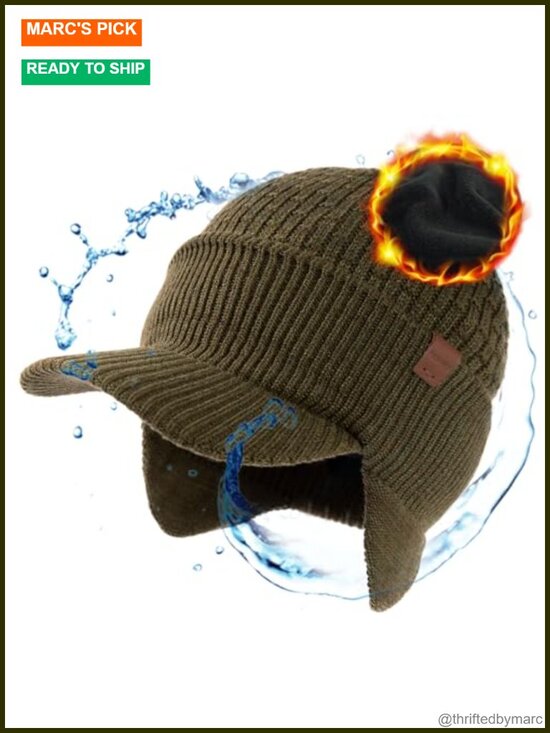 Merino Wool Waterproof Brim Beanie with Earflaps, Fleece-Lined, Unisex Winter main image 4